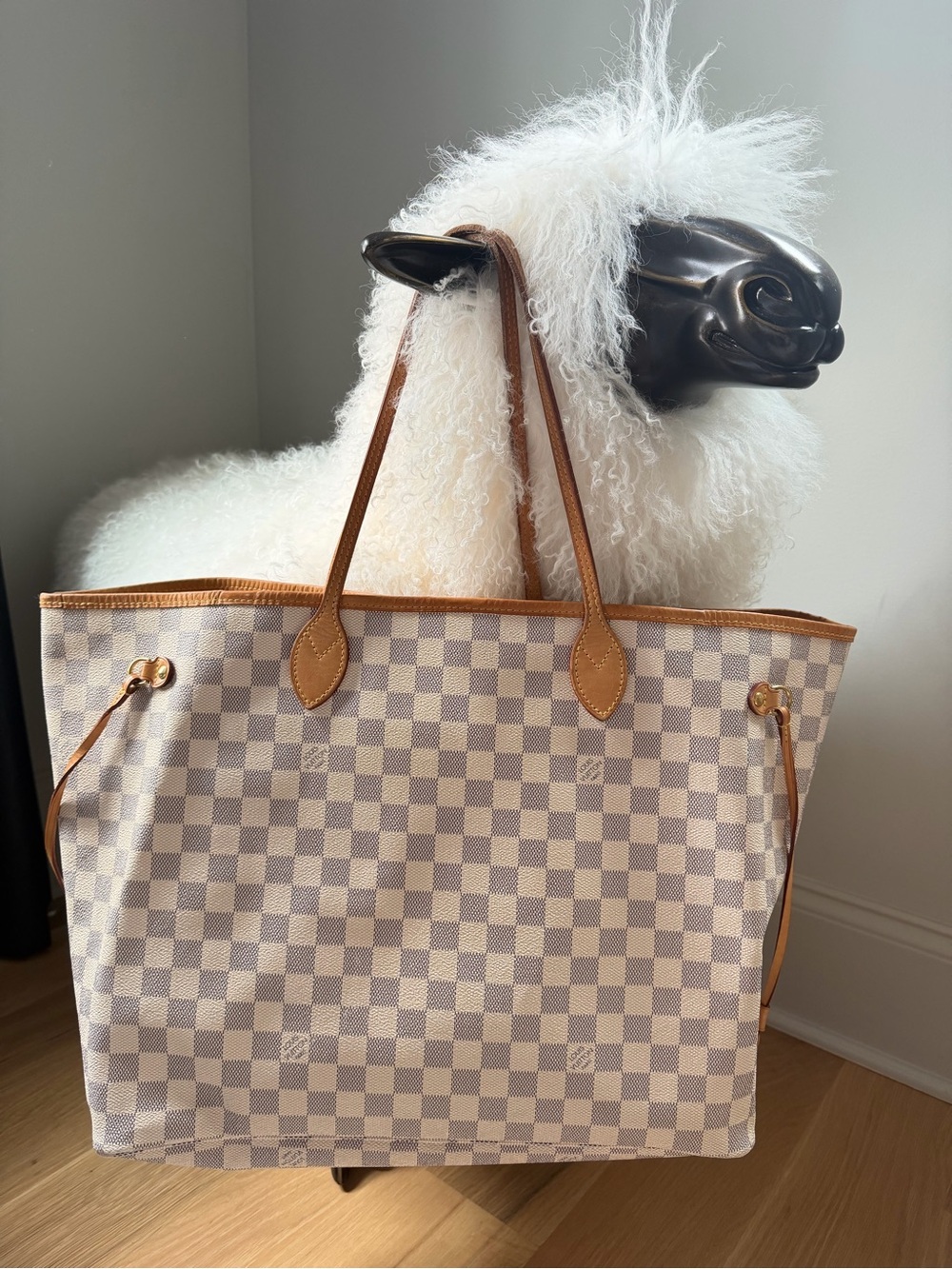 Luxury Checker Canvas Tote Bag in Beige and White